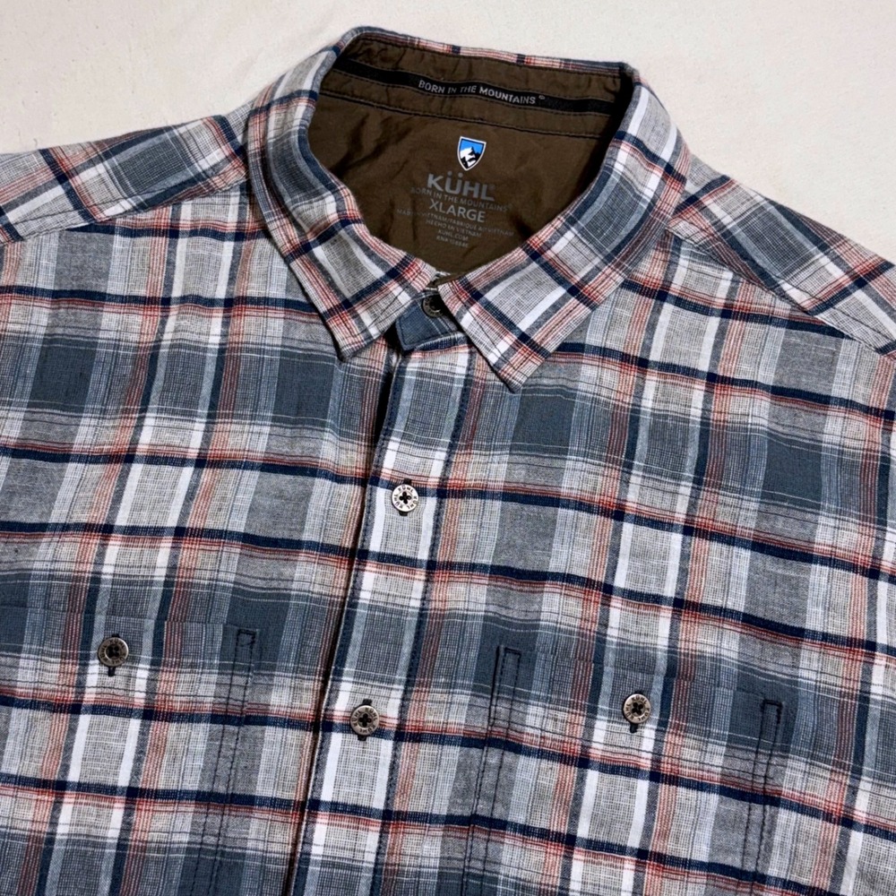 Kuhl Plaid Shirt Linen‎ Cotton Mens XL Blue Short Sleeve Button Down 7218 Hiking